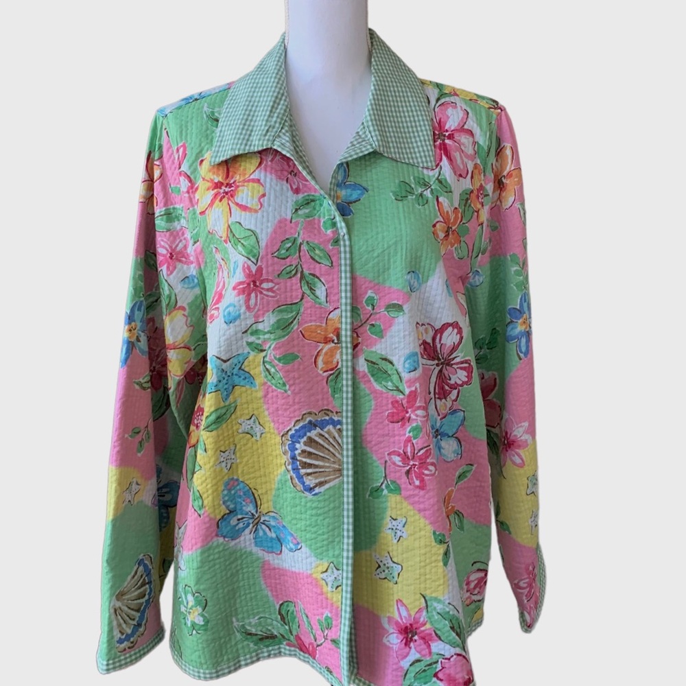 ALFRED DUNNER GINGHAM GRANDMA CORE FLORAL QUILTED BLAZER CARDIGAN KIMONO